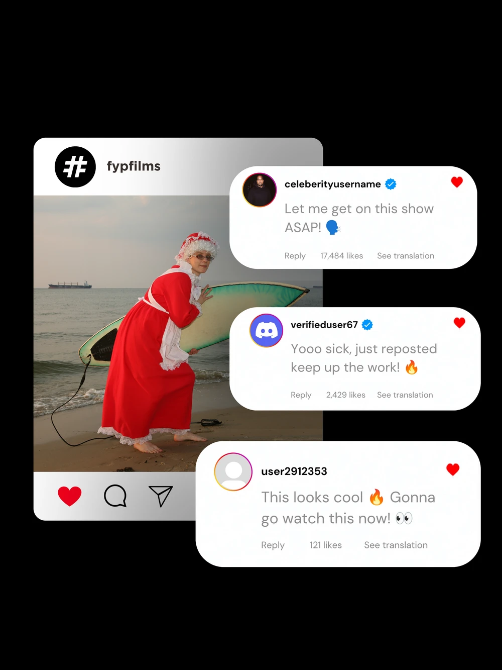 Original FYP Films social post artwork showing a Santa-clad surfer and illustrated audience comments.