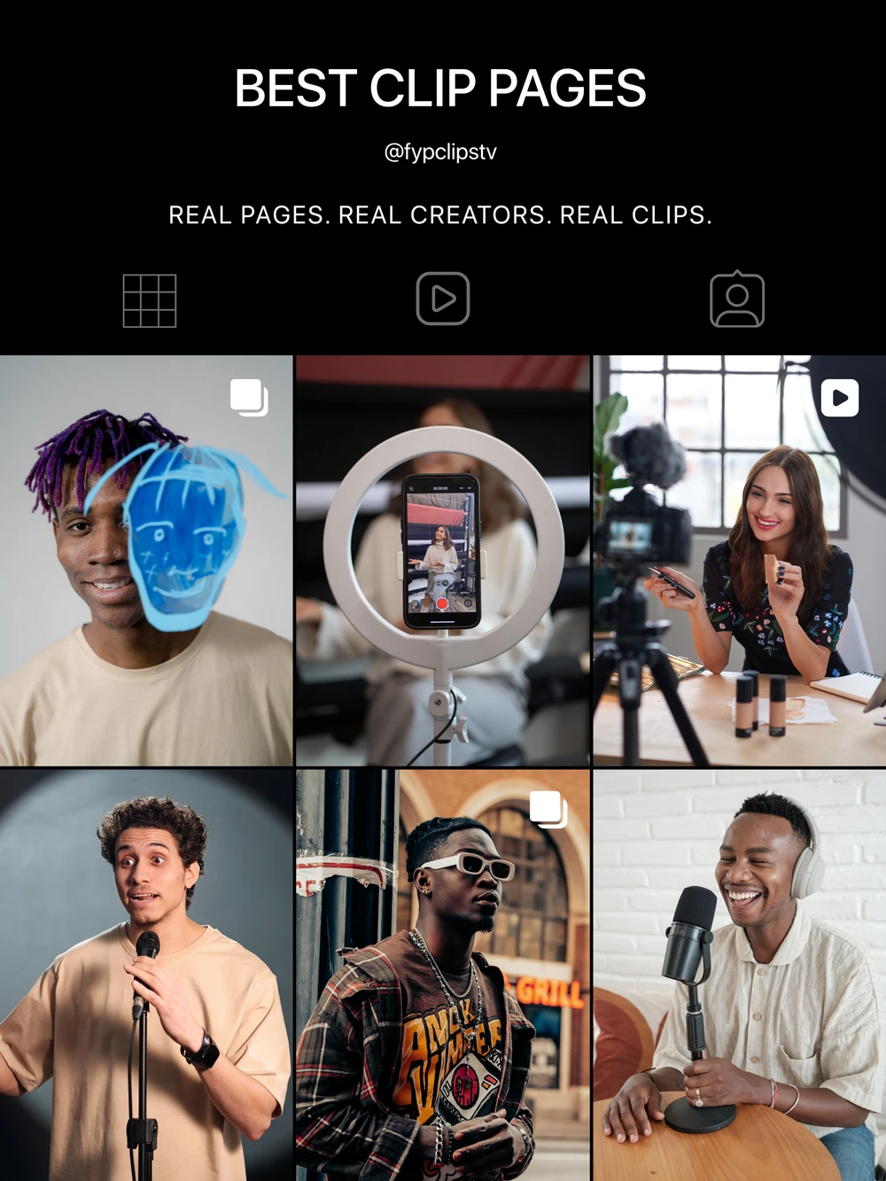 FYP clip pages artwork featuring a grid of creators, performers and podcast clips under the handle @fypclipstv.